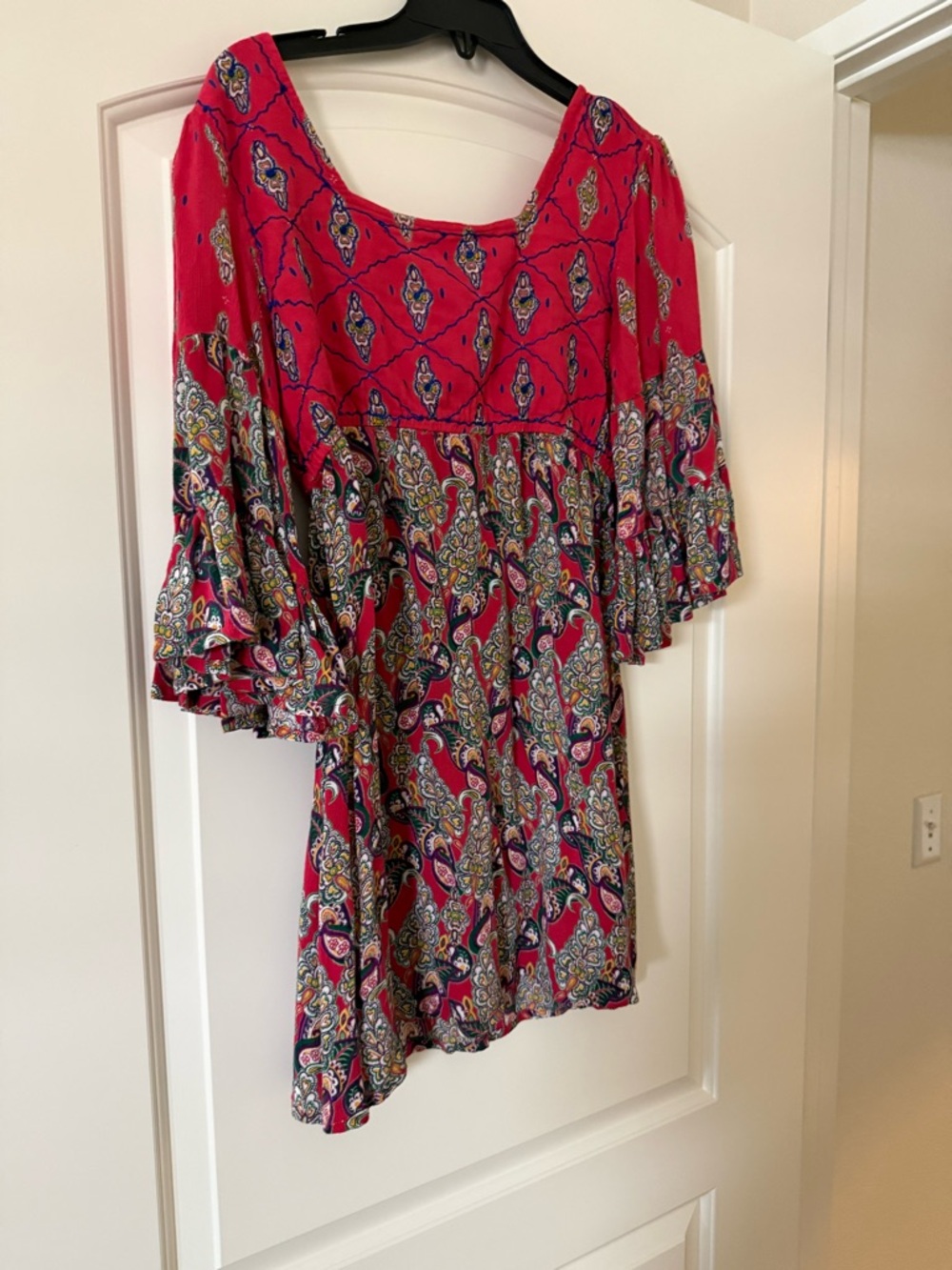 RAGA Pink Paisley Mini Dress with Ruffled Bell Sleeves
